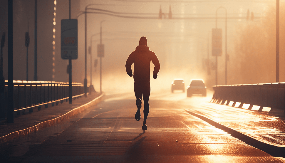 An athlete jogging during sunrise in a road.
