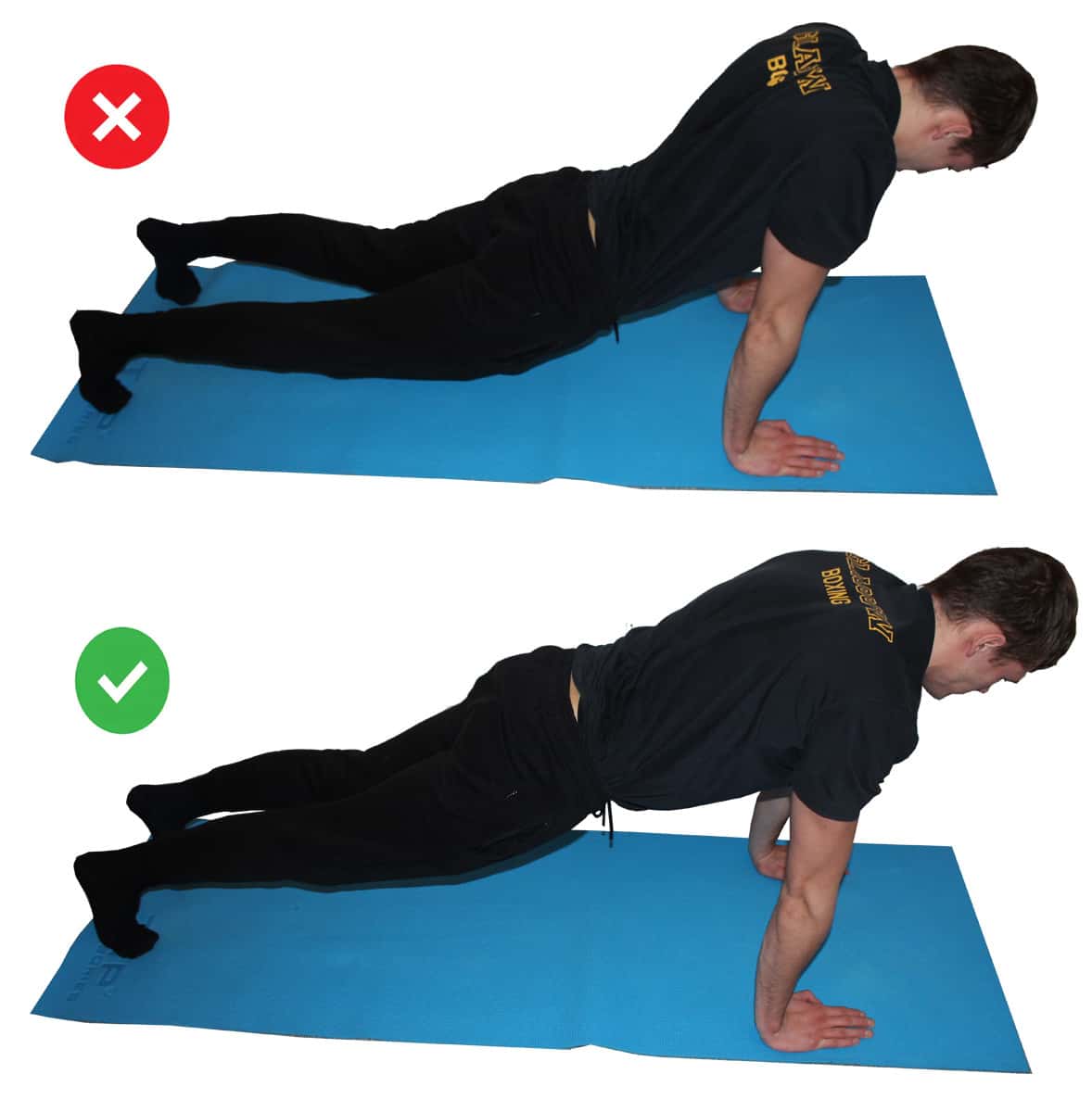 Proper pushup form: demonstration of the mistake in a side by side comparison of lowering the hips.