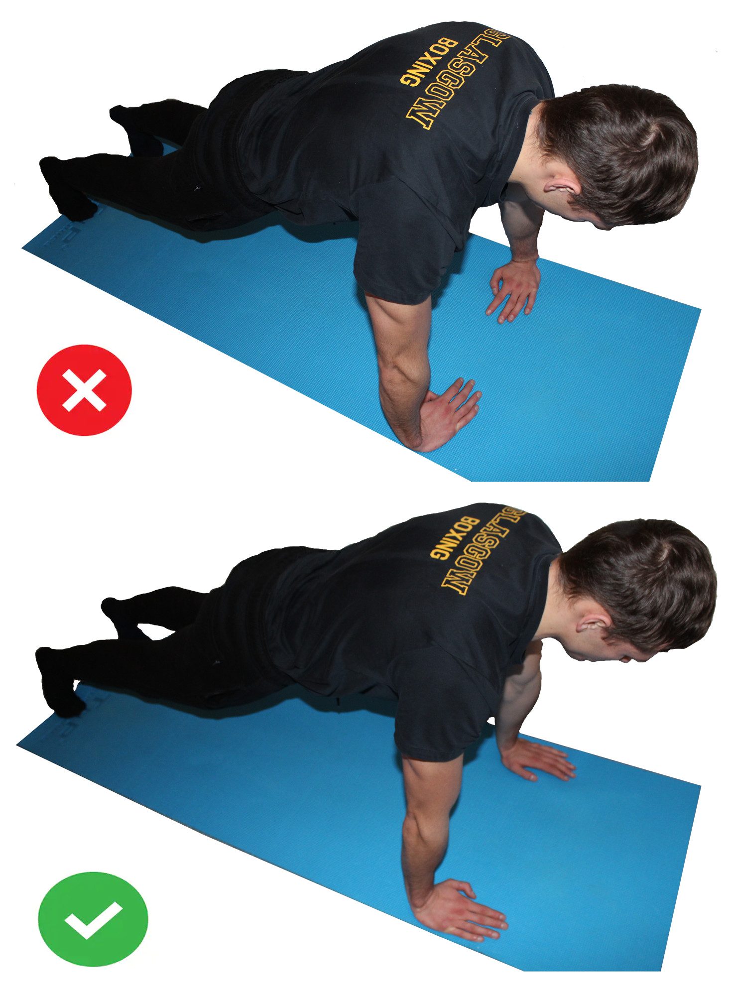 Proper pushup form: side by side comparison of proper hand placement.