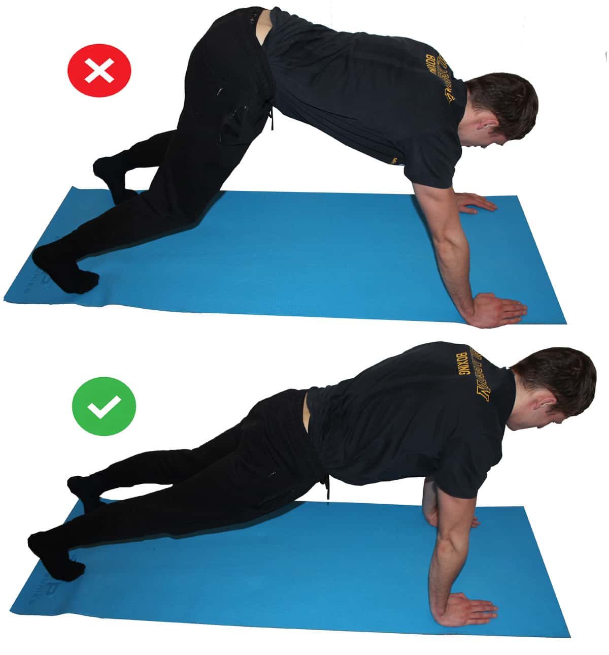 Proper pushup form: demonstration of the mistake in a side by side comparison of pushing the hips too high.